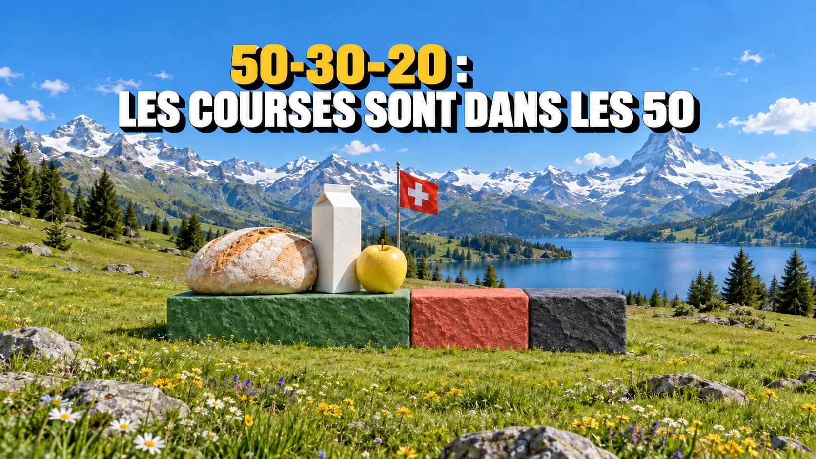 Trois blocs de pierre dans un pré alpin, avec aliments sur le plus large.