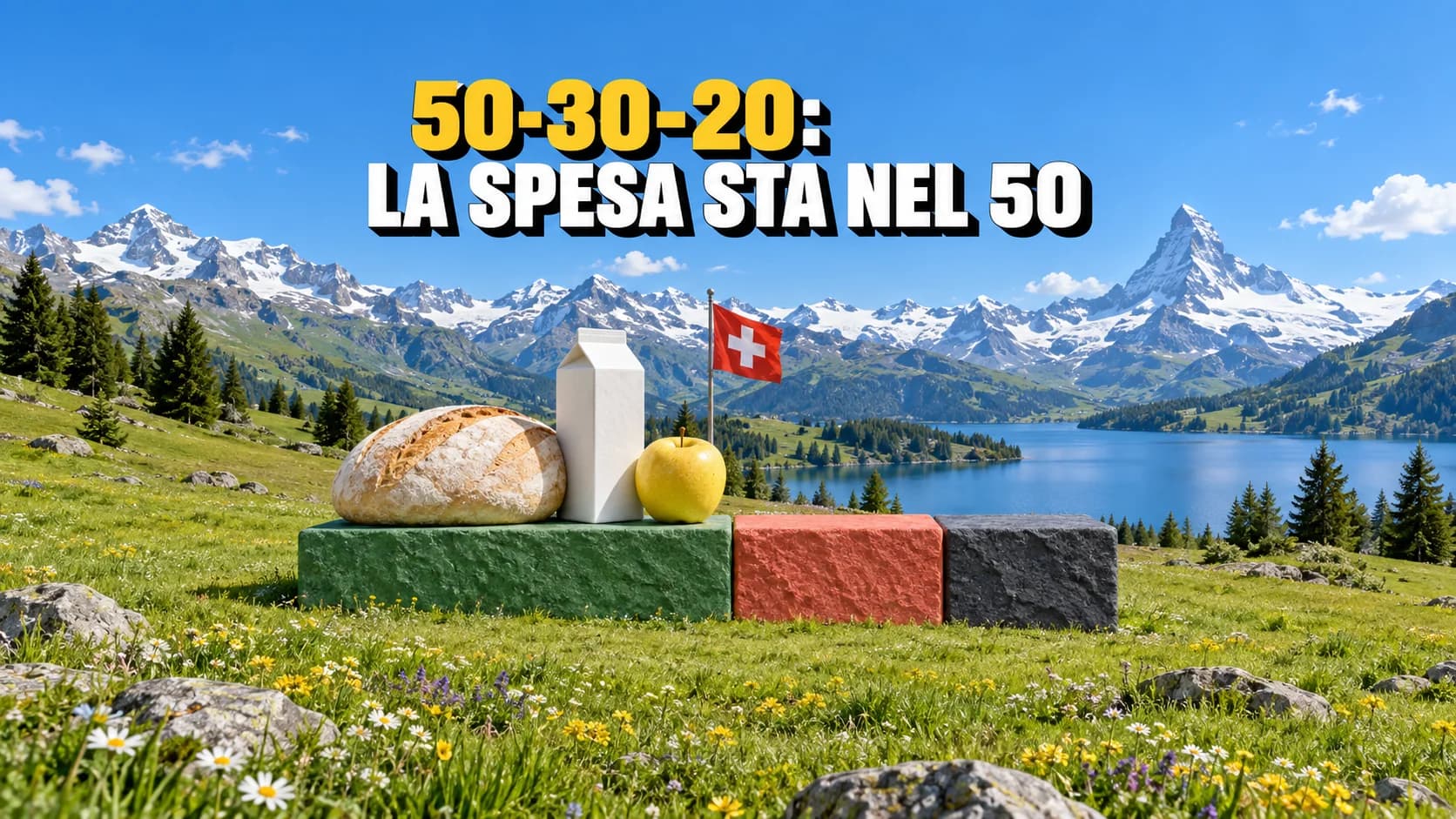 Tre blocchi di pietra su prato alpino, con alimenti sul più largo.