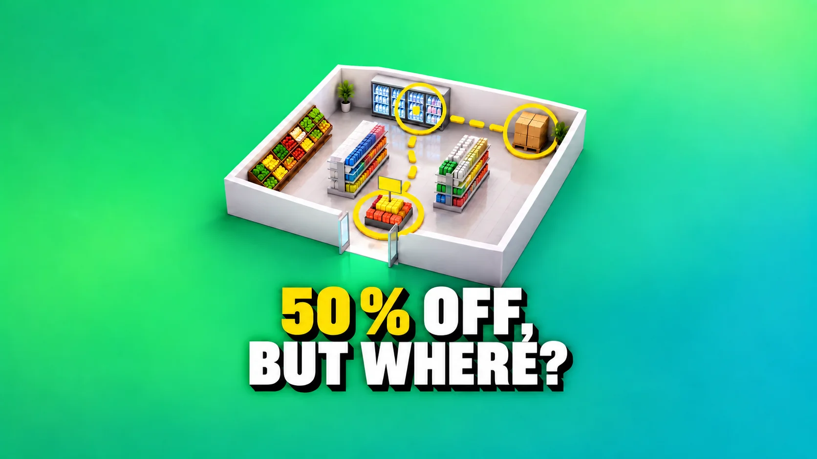 Generic three-dimensional shop with three areas highlighted in yellow.