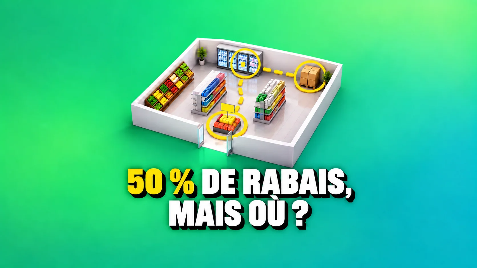 Magasin générique en trois dimensions avec trois zones jaunes.