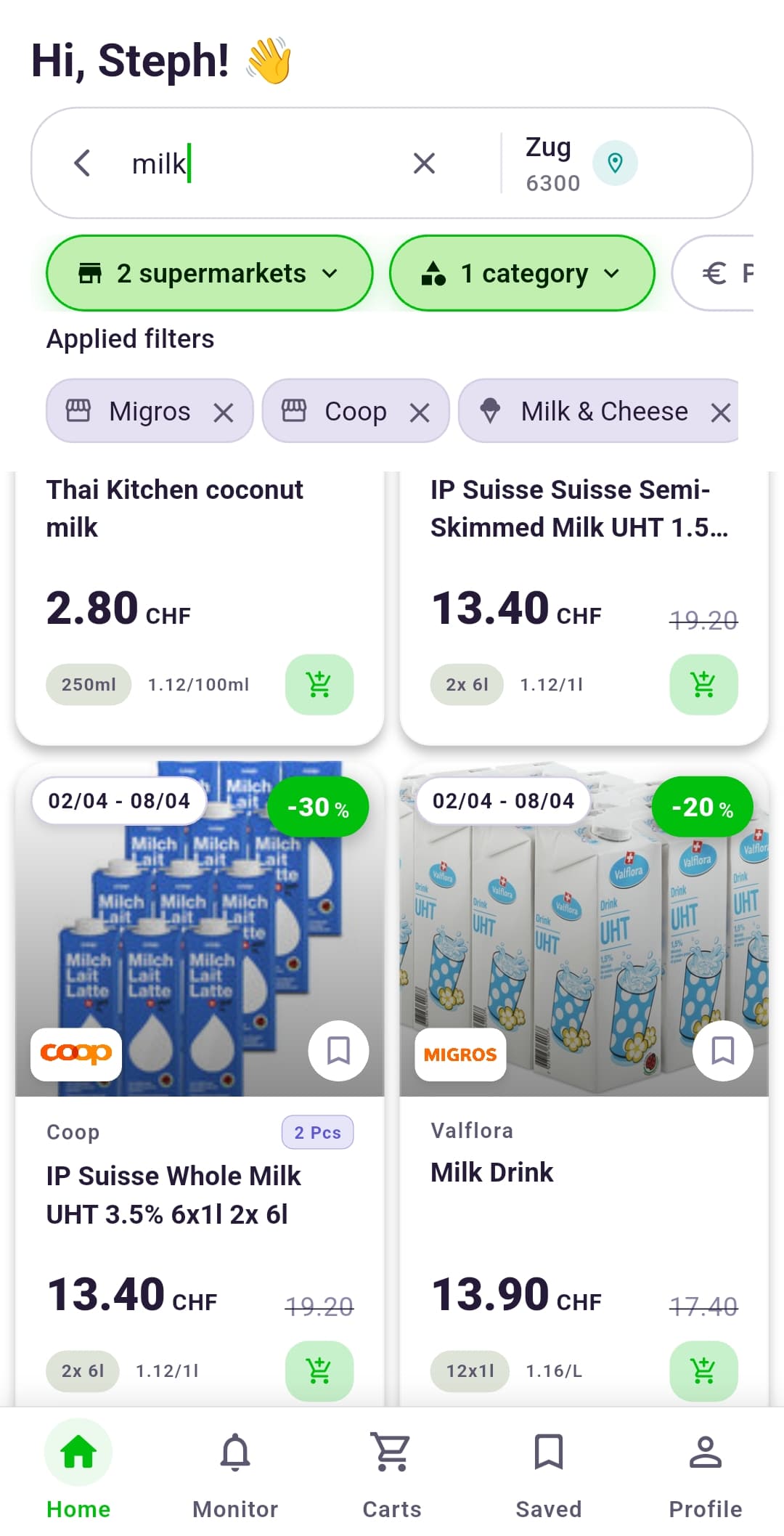 Rappn app showing Denner price comparison with Migros, Coop, Aldi and Lidl