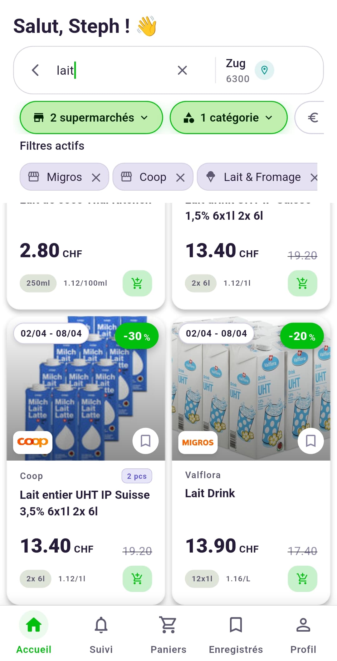 L'application Rappn sur un smartphone avec les actions en cours de plusieurs enseignes suisses, à côté d'un plateau de restaurant self-service