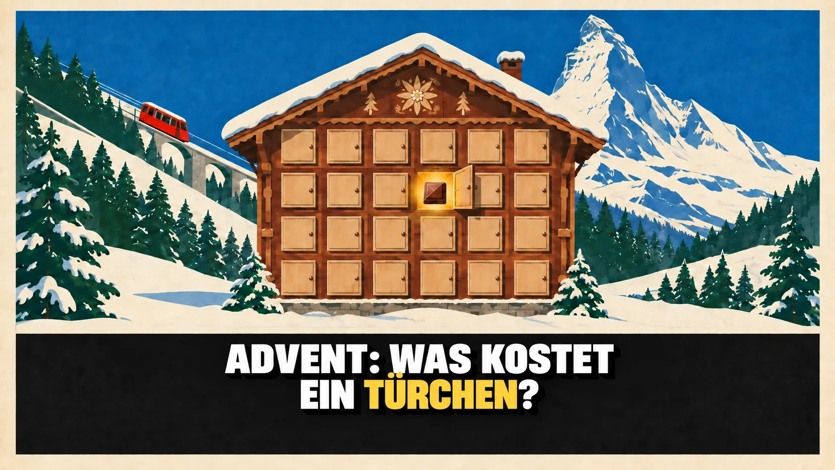 Retroplakat eines Adventskalenders als Chalet im Schnee mit einem beleuchteten Türchen.