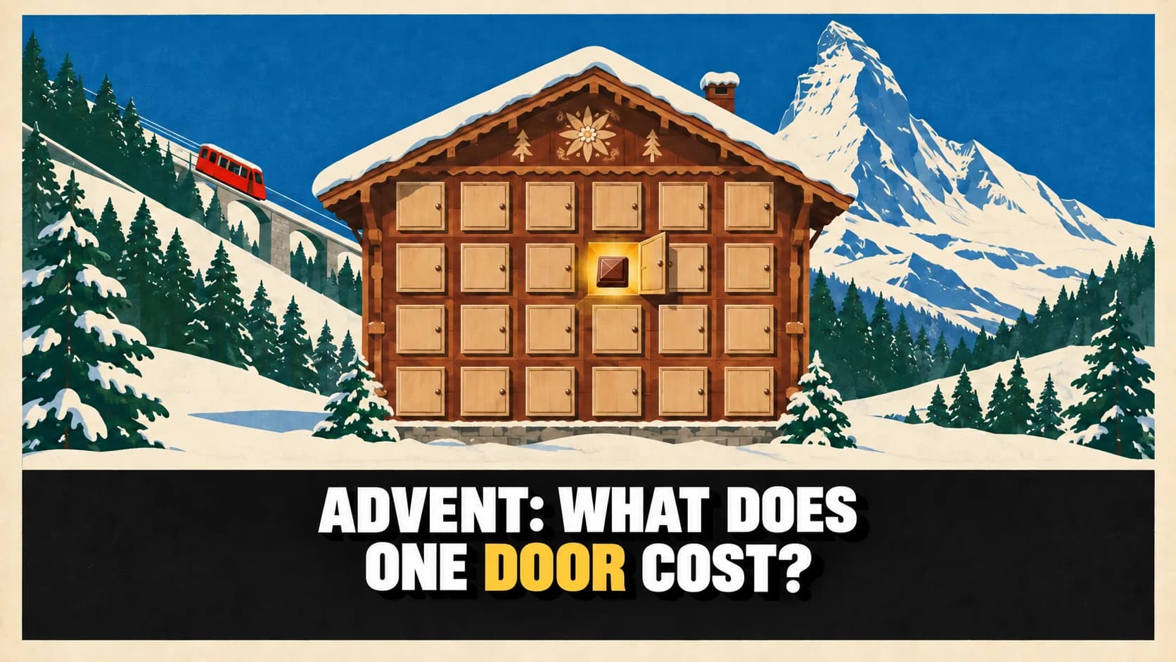 Retro poster of a chalet Advent calendar in snow with one illuminated opening.