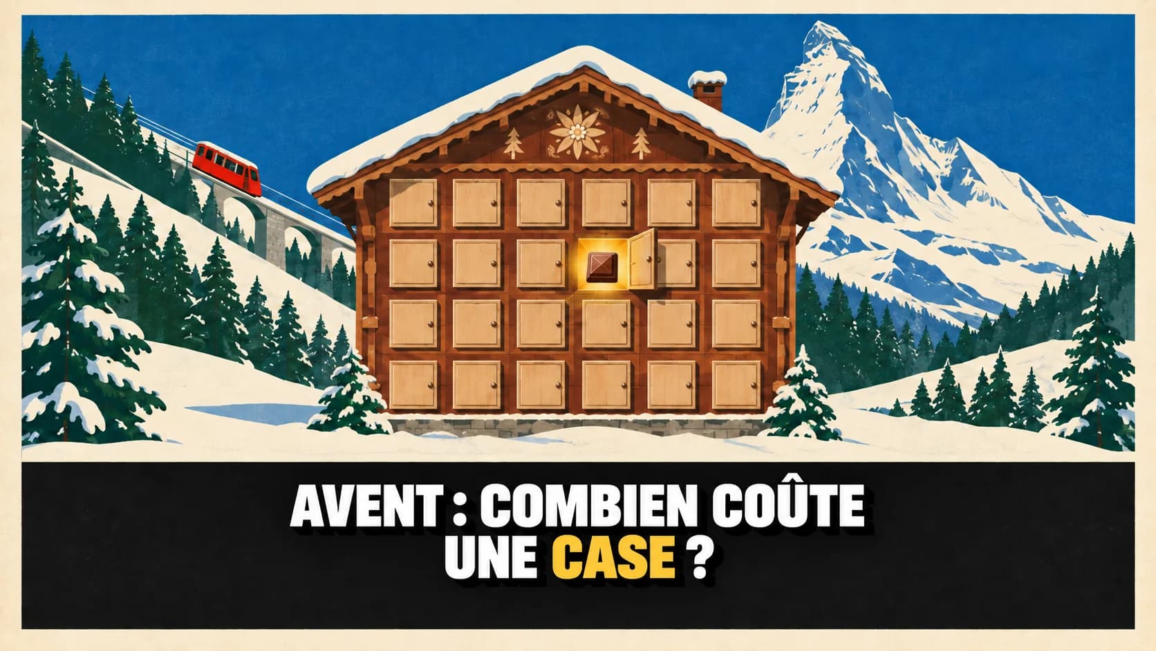 Affiche rétro d’un calendrier de l’Avent en chalet enneigé, avec une case éclairée.