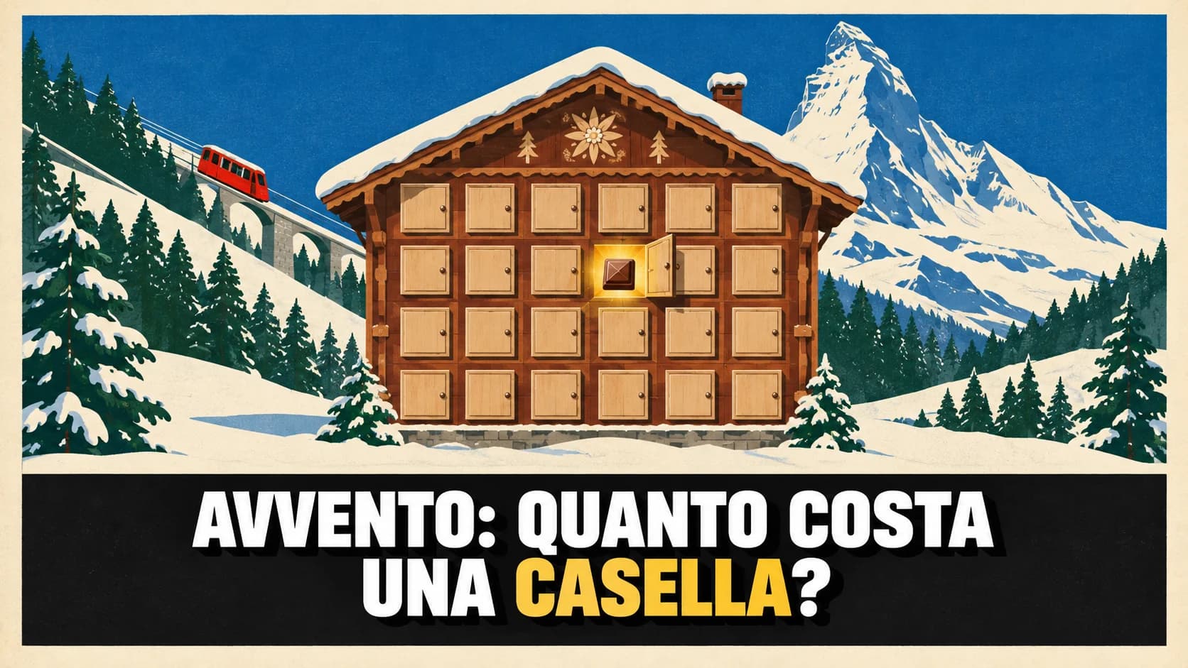 Manifesto rétro: un calendario dell’Avvento a forma di chalet nella neve, tutte le caselle chiuse e una sola aperta e illuminata