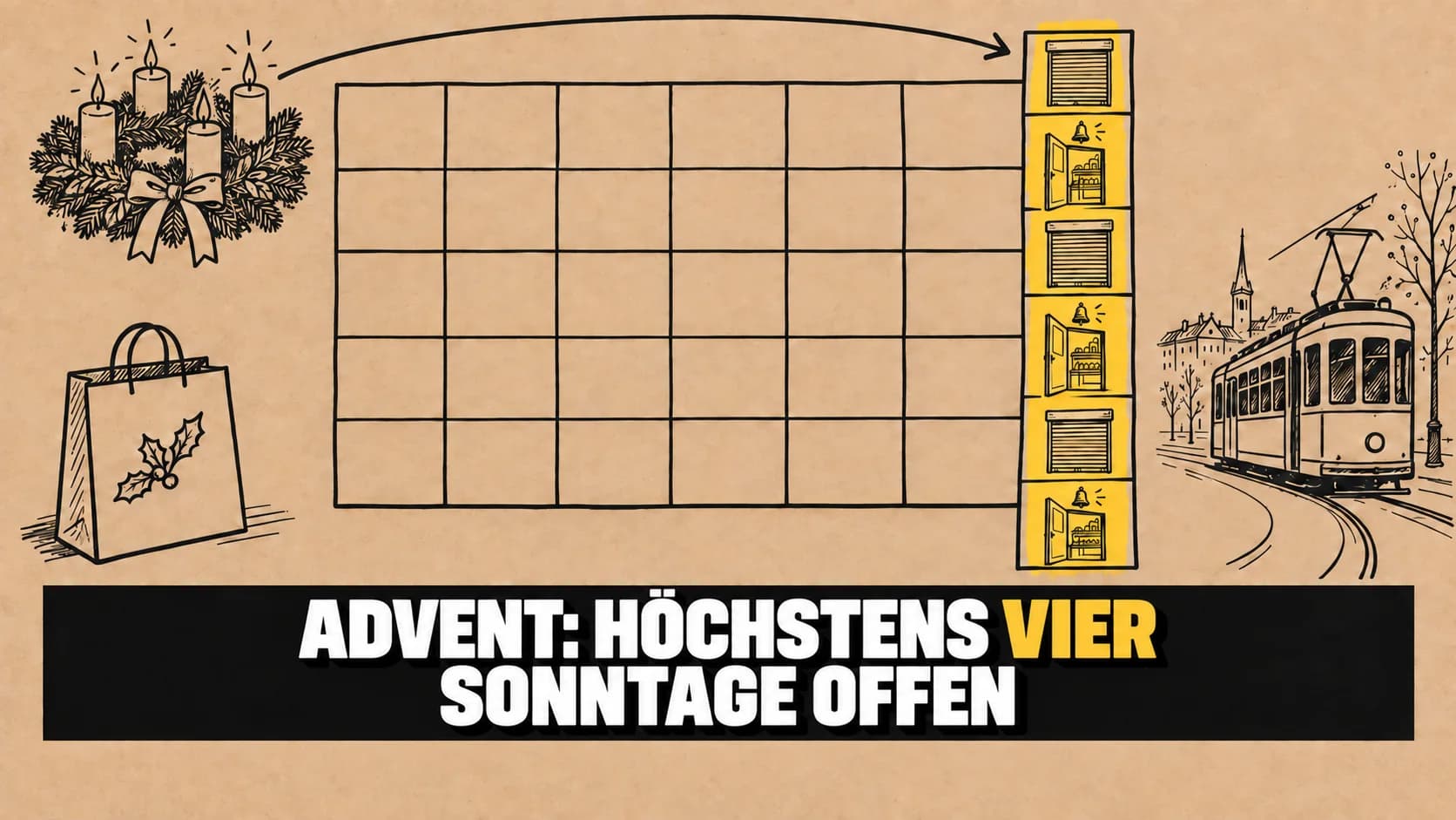 Tuschezeichnung eines leeren Kalenders mit geöffneten Ladentüren und gelber Markierung.