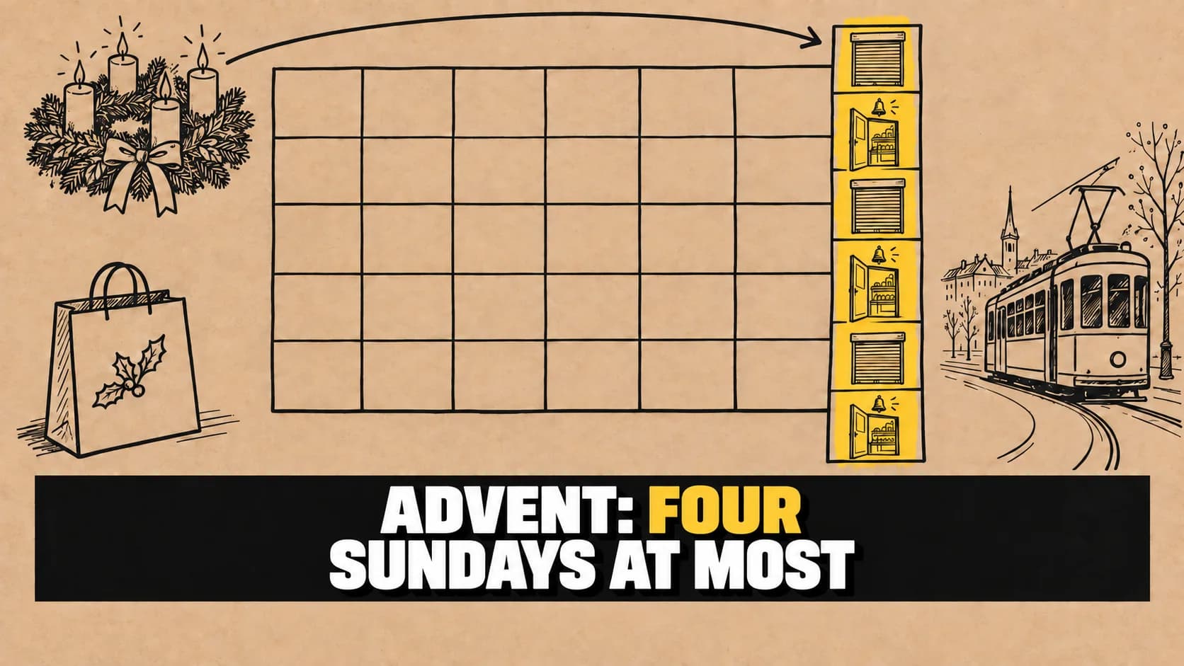 Ink drawing of a blank calendar with open shop doors and a yellow highlight.