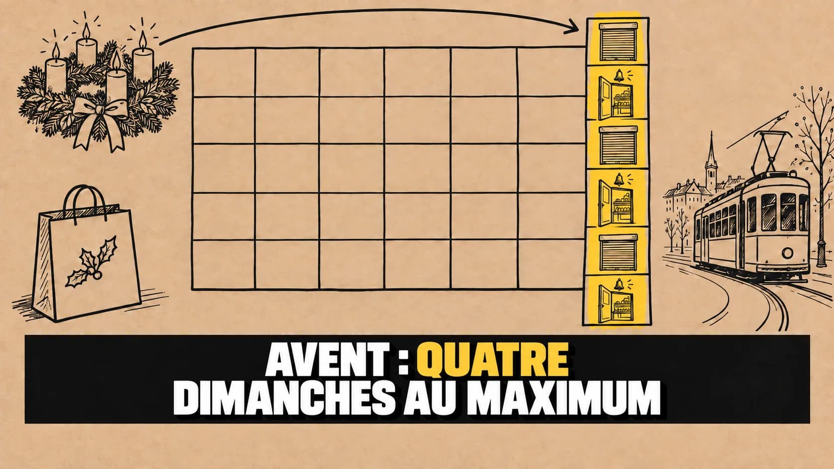 Calendrier vide dessiné à l’encre avec portes de magasins ouvertes et trait jaune.
