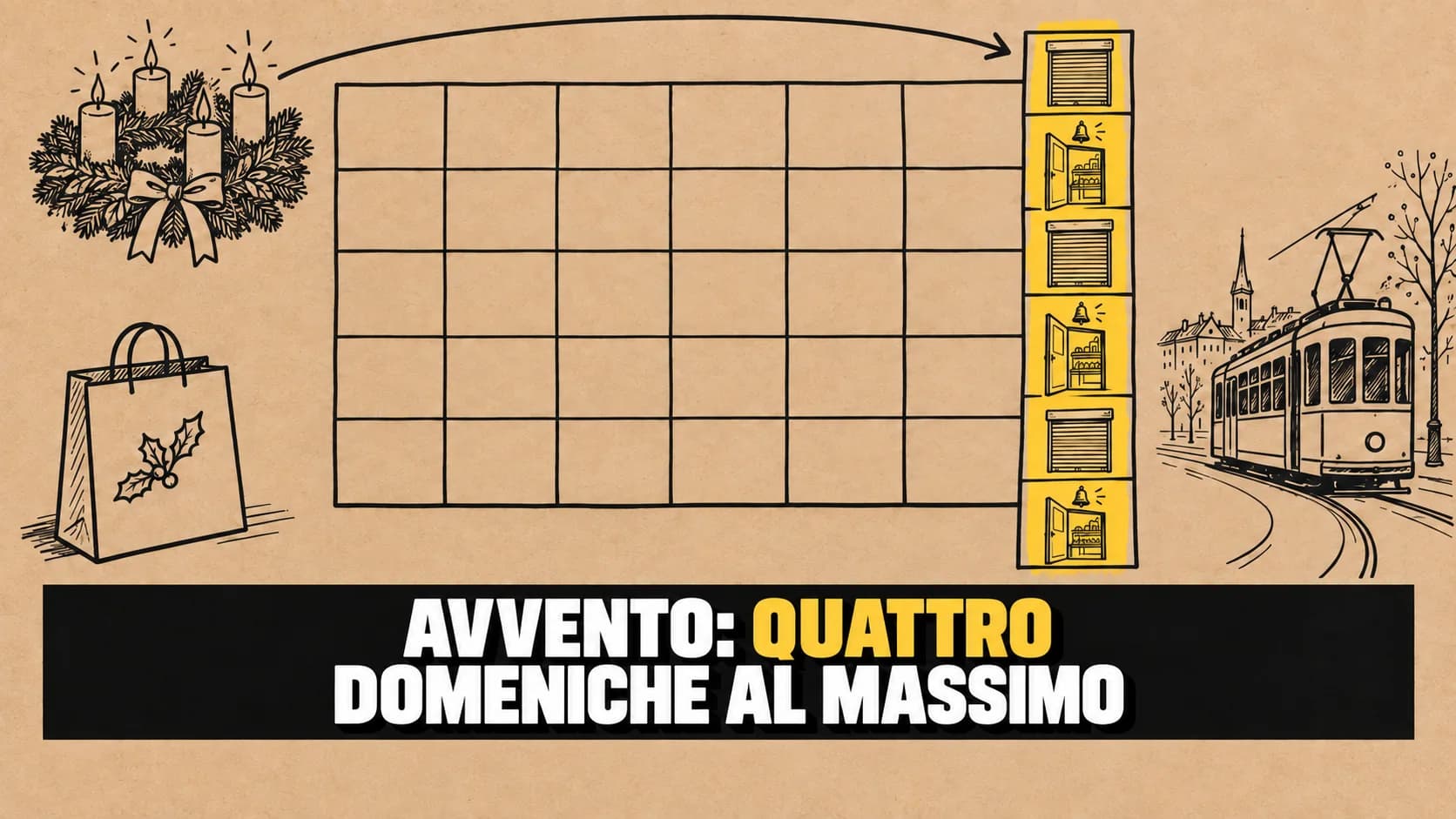 Disegno a inchiostro di una griglia di calendario vuota su carta kraft, con alcune porte di negozio aperte nell’ultima colonna e un tratto di evidenziatore giallo
