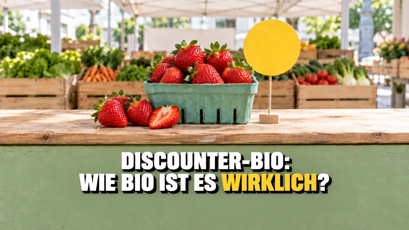 Erdbeeren am Markt mit leerem gelbem Schild.