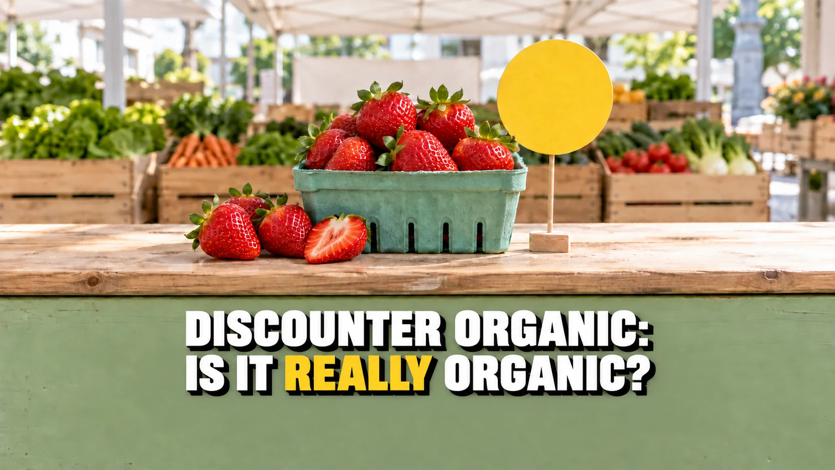 Market strawberries with a blank yellow tag.