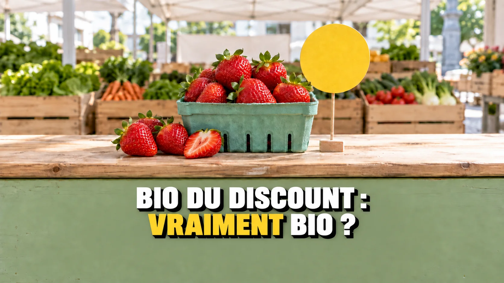 Fraises au marché avec une étiquette jaune vierge.