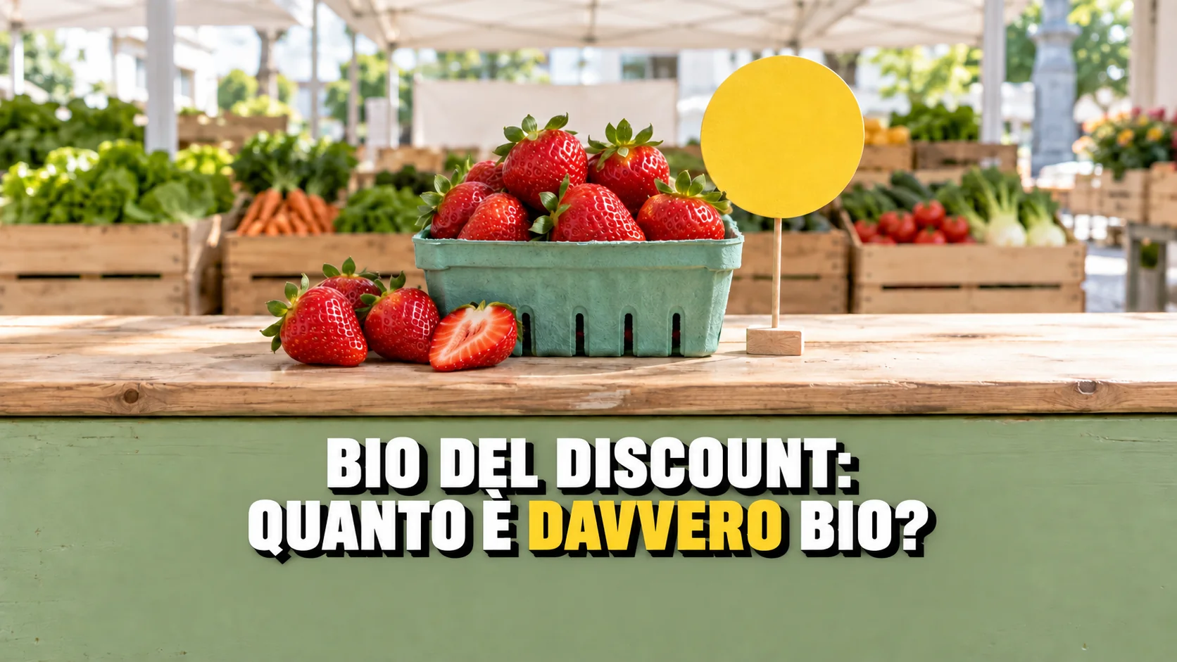 Fragole al mercato con cartellino giallo vuoto.