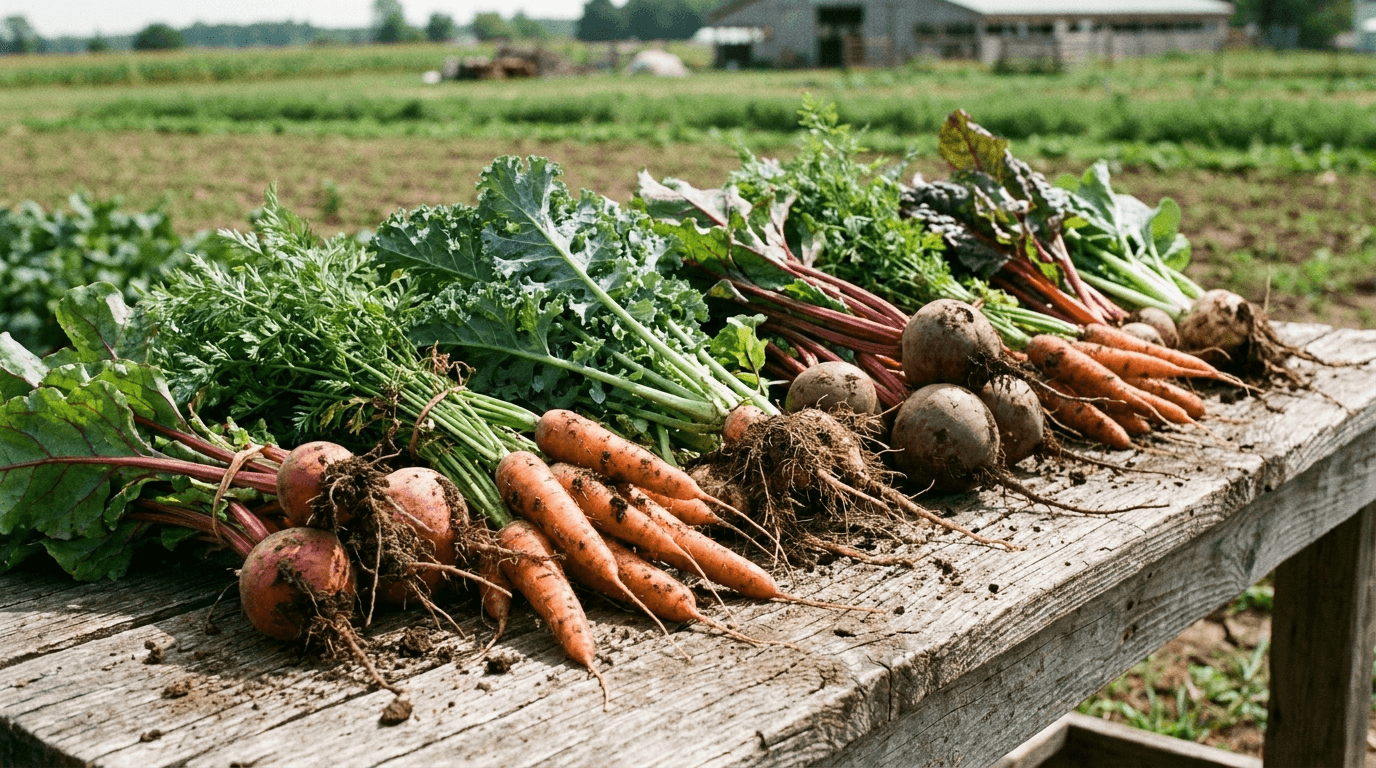Freshly harvested organic vegetables with soil on the roots on a wooden table