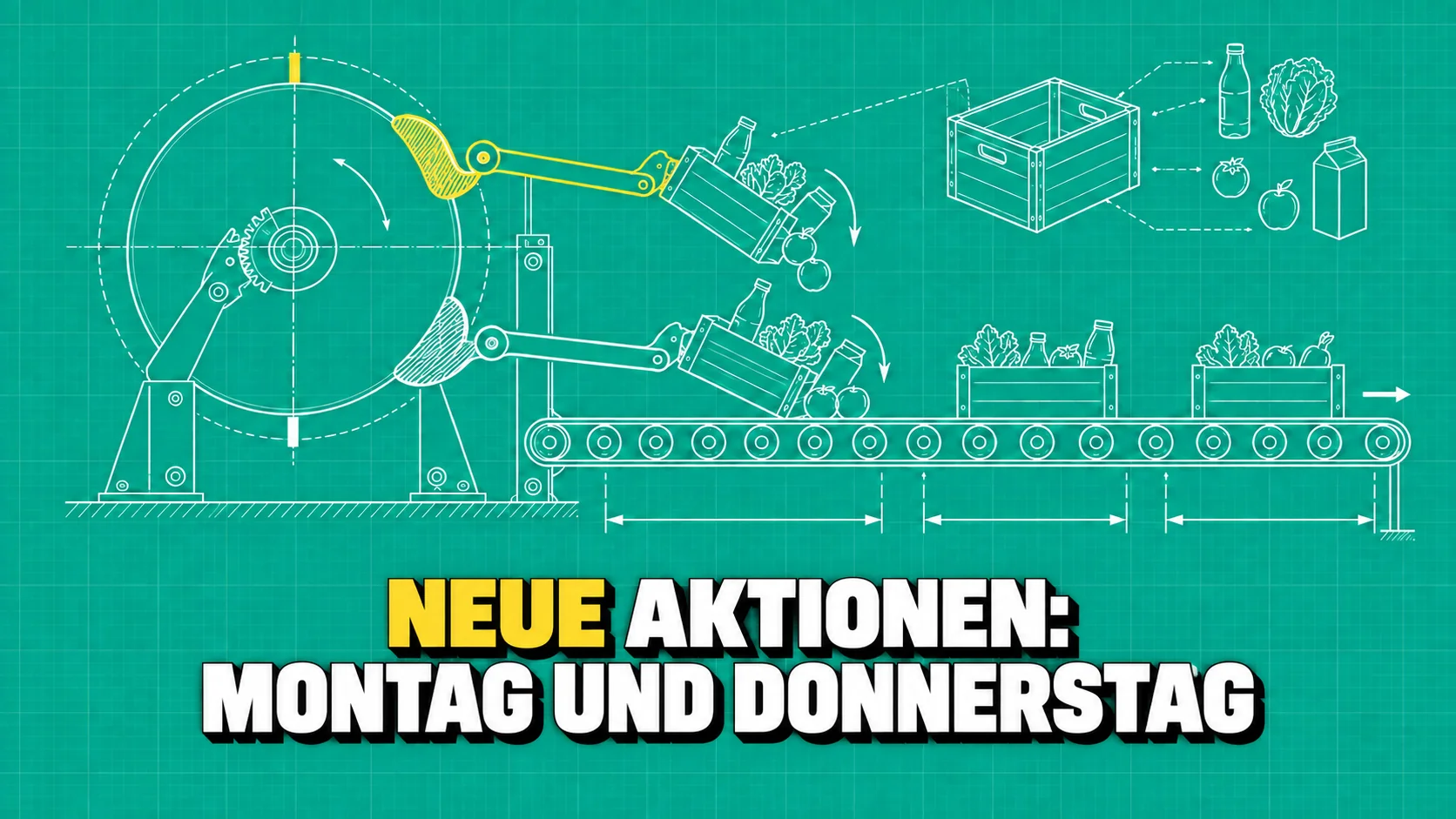 Technische Zeichnung einer Nockenwelle mit zwei Hebeln, die Einkaufskisten auf Rollenbänder kippen.