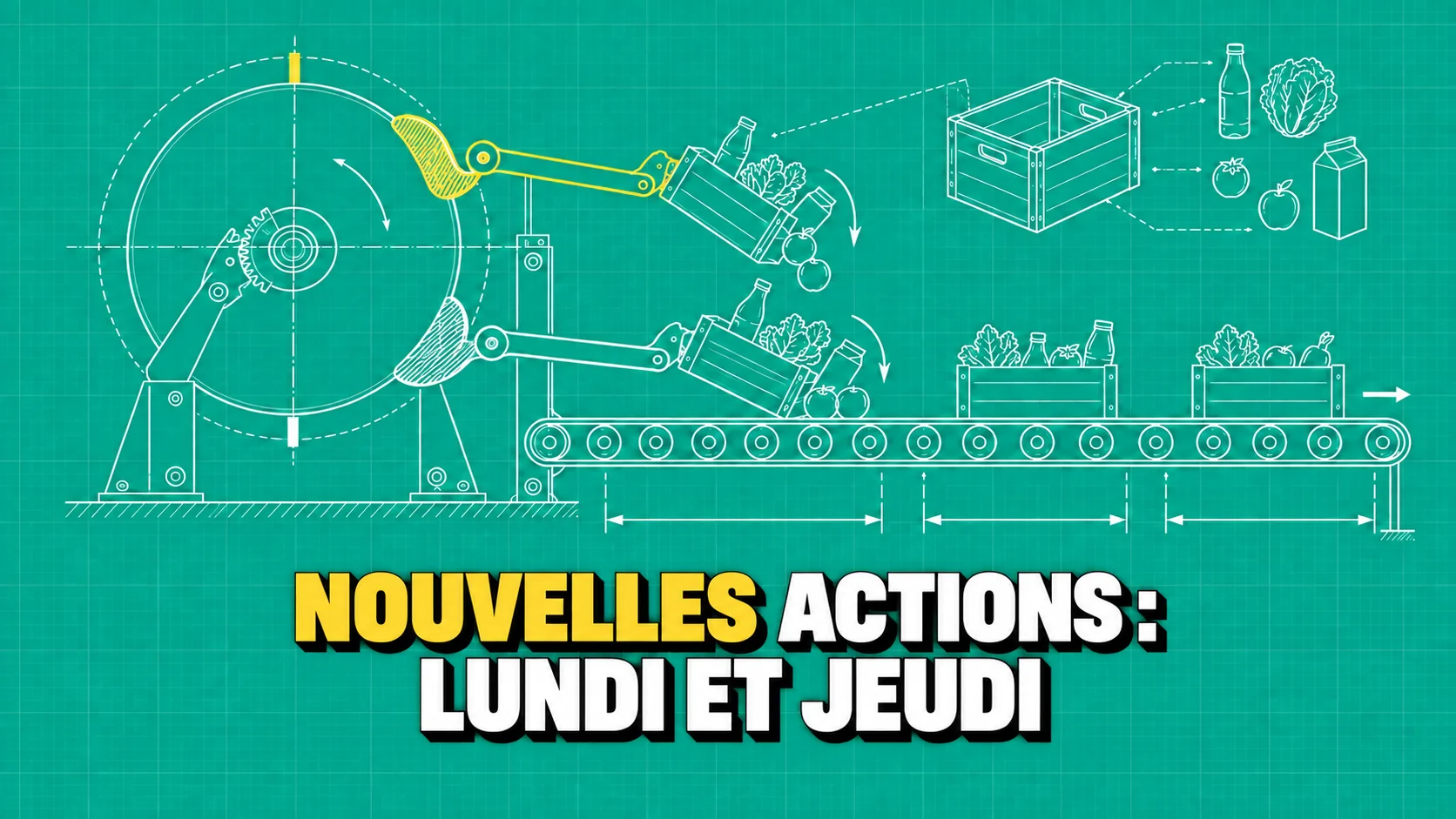 Dessin technique d’une came à deux leviers vidant des caisses sur des convoyeurs.