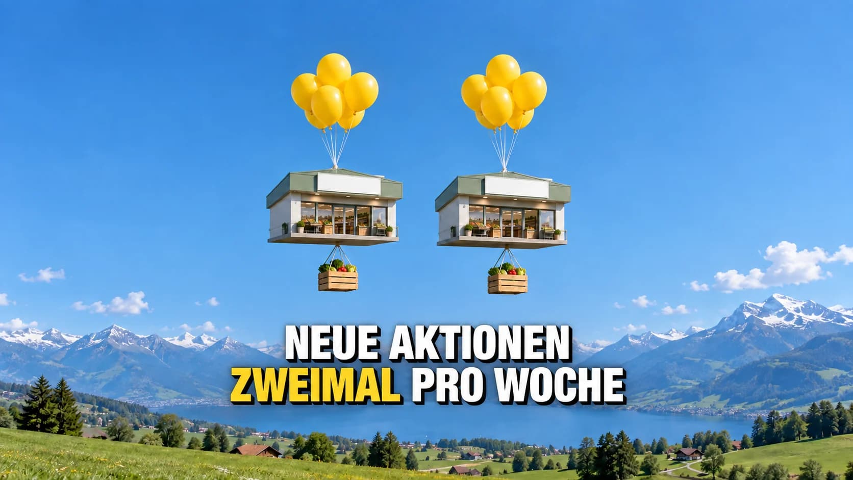 Zwei neutrale Läden an gelben Ballons über einer Alpenlandschaft.