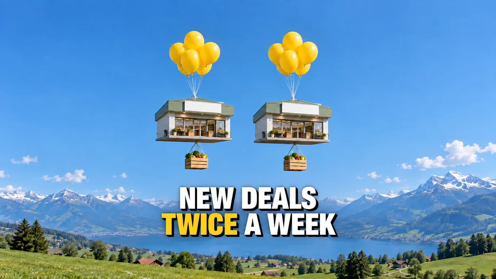 Two unbranded shops hanging from yellow balloons above an Alpine landscape.