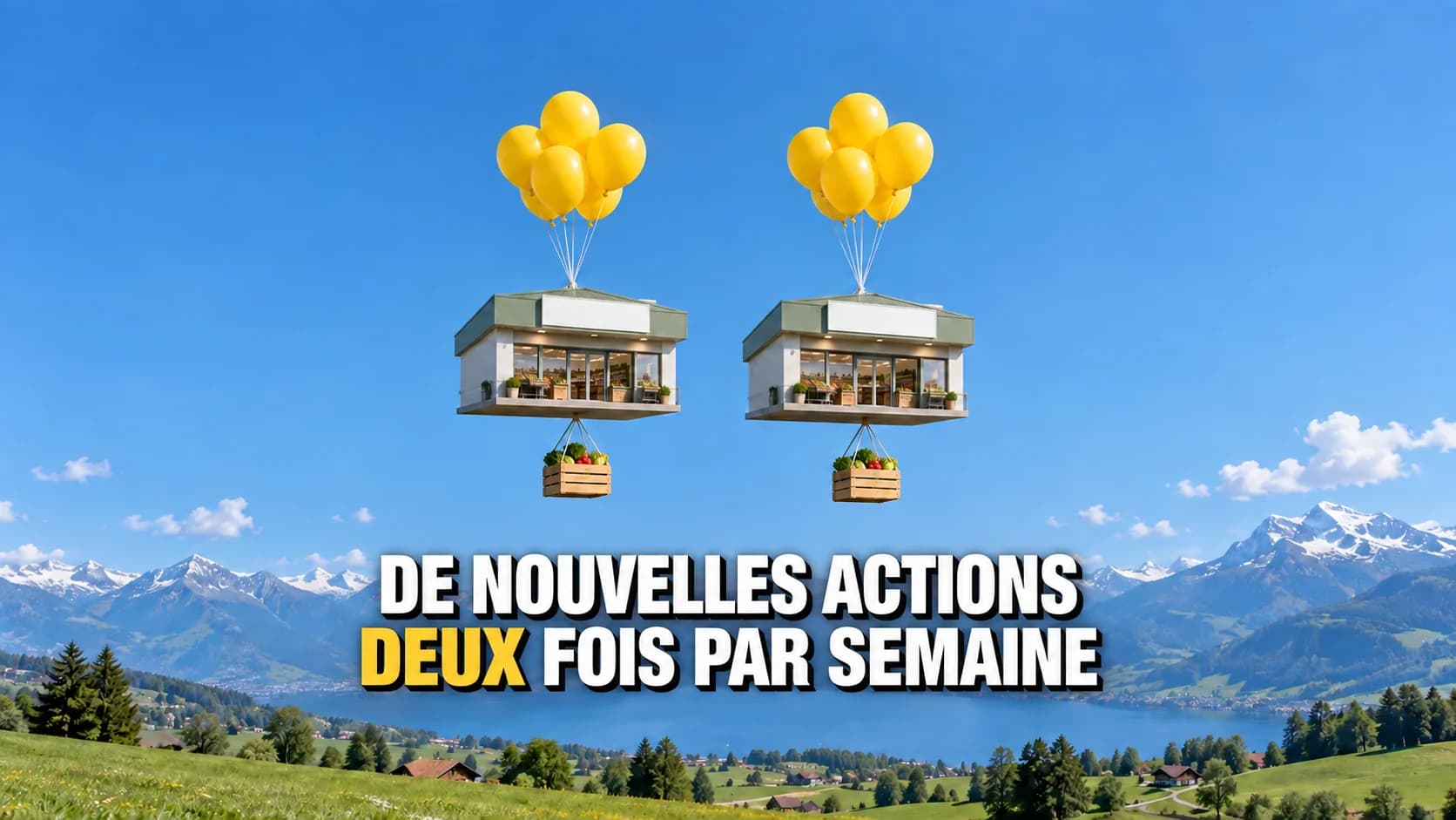 Deux magasins sans marque suspendus à des ballons jaunes au-dessus des Alpes.