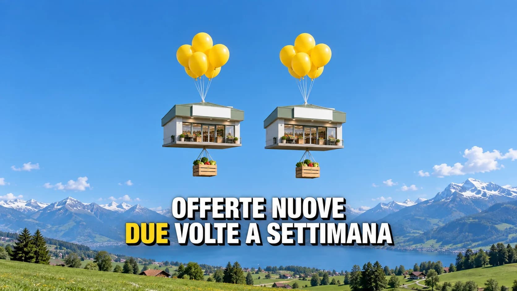 Due negozi senza marchi sospesi a palloncini gialli sopra un paesaggio alpino.