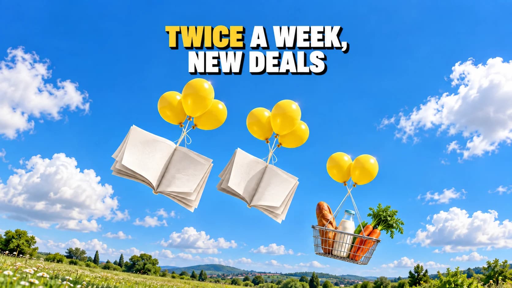 Two blank leaflets and a grocery basket float beneath yellow balloons in a blue sky.
