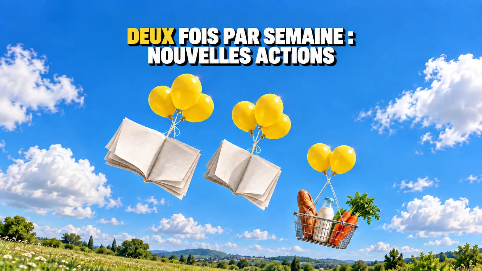 Deux dépliants vierges et un panier de courses flottent sous des ballons jaunes dans le ciel bleu.