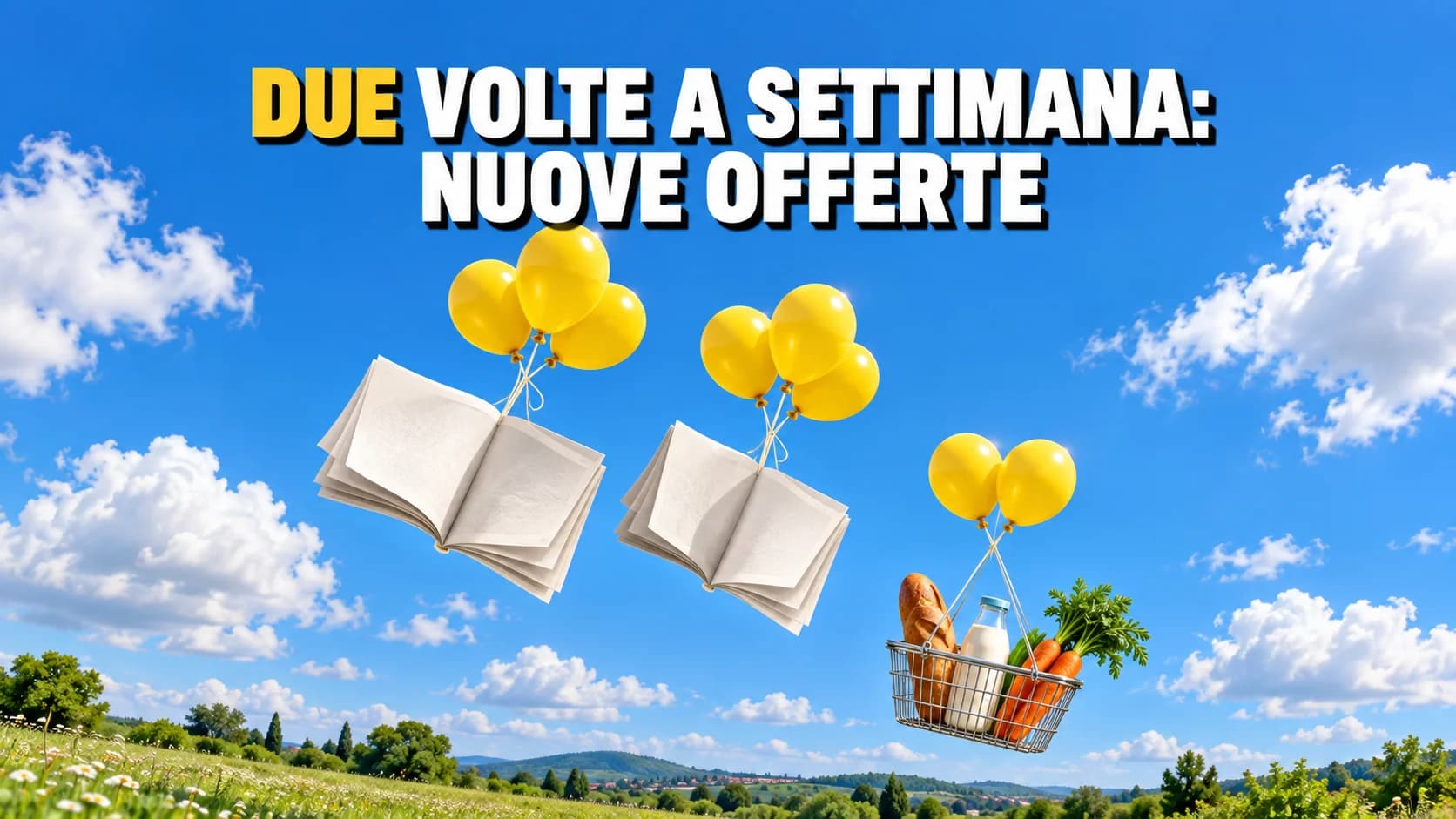 Due volantini di carta bianca salgono nel cielo azzurro tirati da palloncini gialli, seguiti da un cestino di metallo con pane, latte e carote.