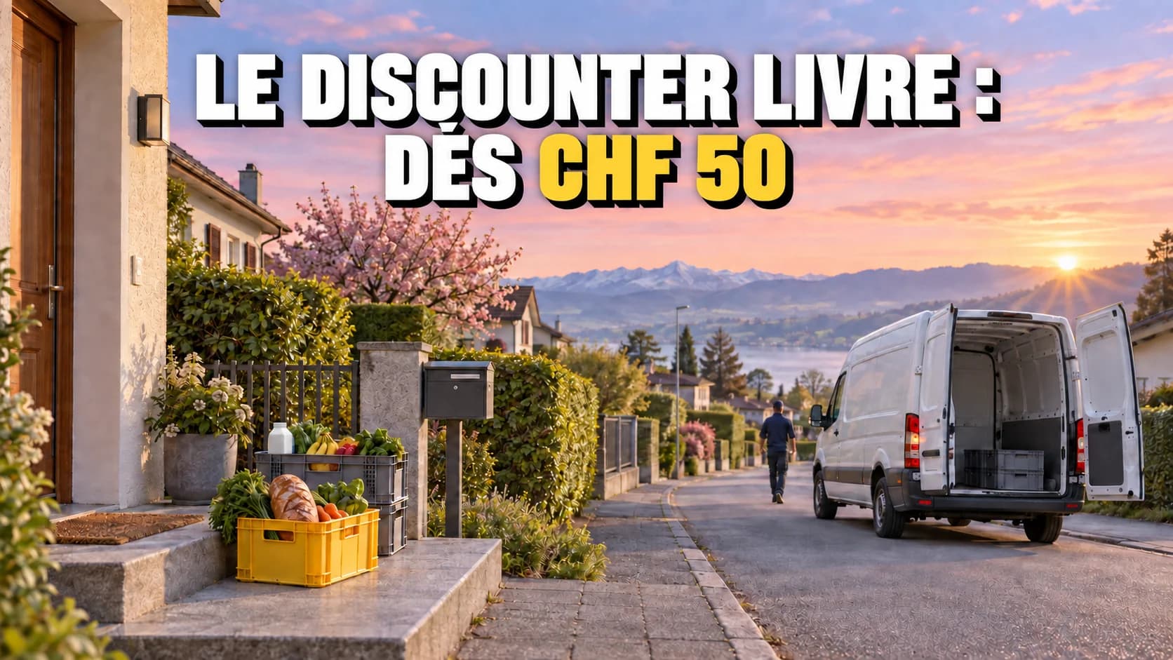 Rue résidentielle suisse à l’aube avec une camionnette blanche sans marque et une caisse jaune.