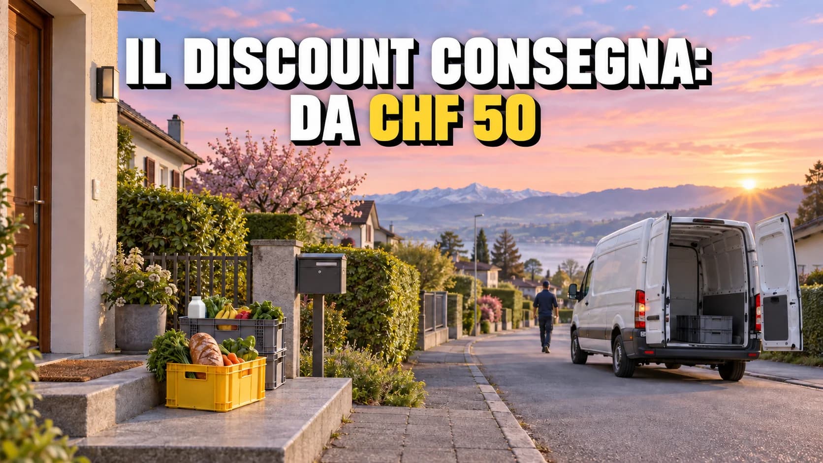 Strada residenziale svizzera all'alba: un furgone bianco senza scritte con le porte aperte e casse di spesa lasciate sulla soglia di casa.