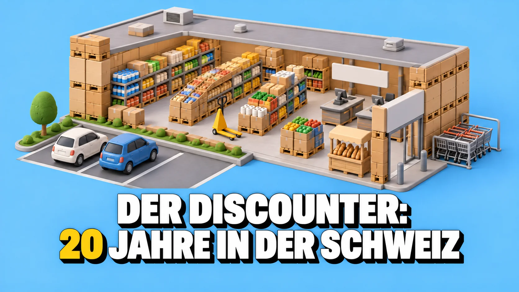 Offenes Discounter-Knetmodell mit Palettengängen, leeren Schildern und gelbem Hubwagen.