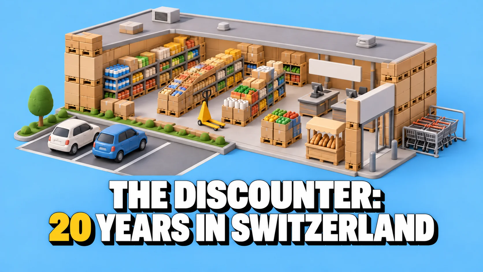 Open clay discount-store model with pallet aisles, blank signs and a yellow pallet jack.