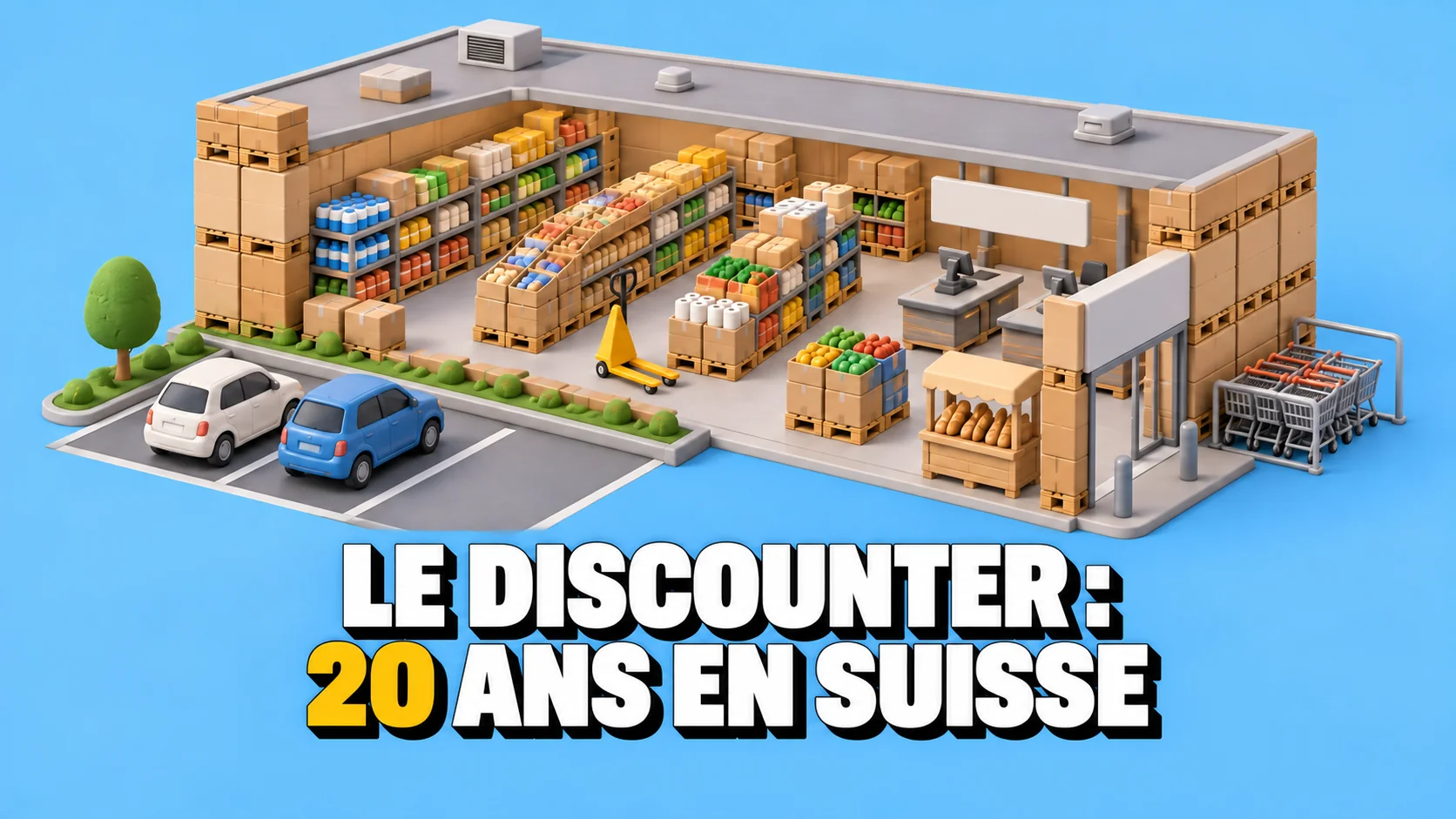Magasin discount en pâte à modeler ouvert, avec allées de palettes, panneaux vierges et transpalette jaune.