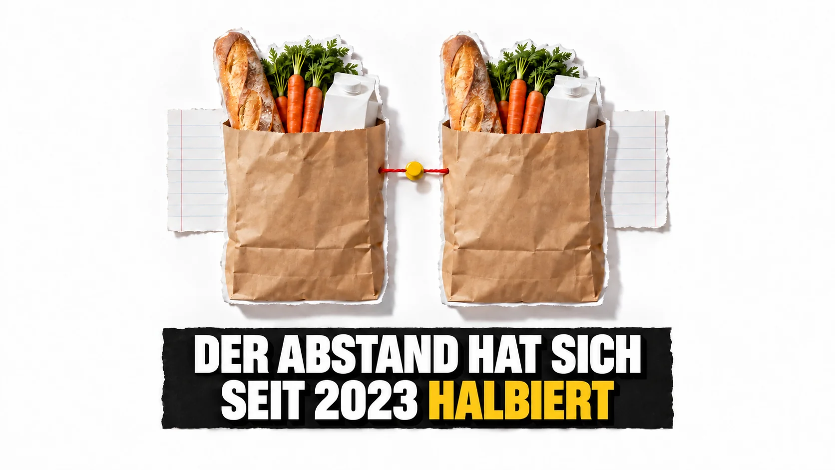 Collage aus zwei unbedruckten Einkaufstaschen, rotem Faden und gelber Stecknadel.