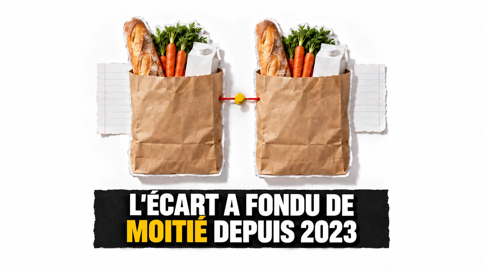 Collage de deux sacs sans marque, fil rouge et punaise jaune.