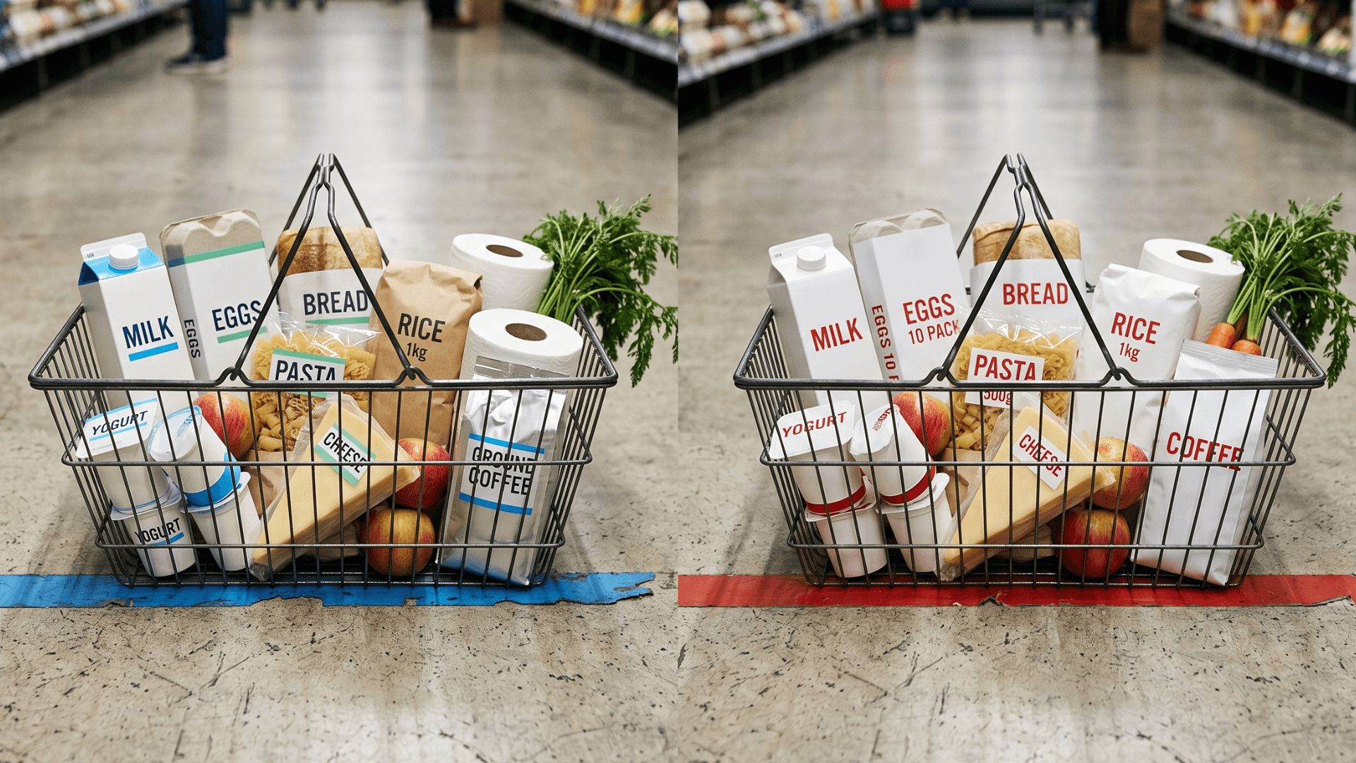 Filiali Aldi Suisse e Coop affiancate con buste della spesa e confronto prezzi