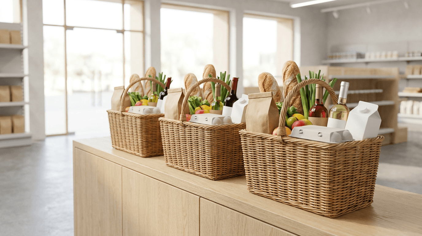 Trois paniers de courses pleins côte à côte dans un supermarché suisse lumineux, représentant Aldi, Lidl et Denner comparés sur le prix et l assortiment