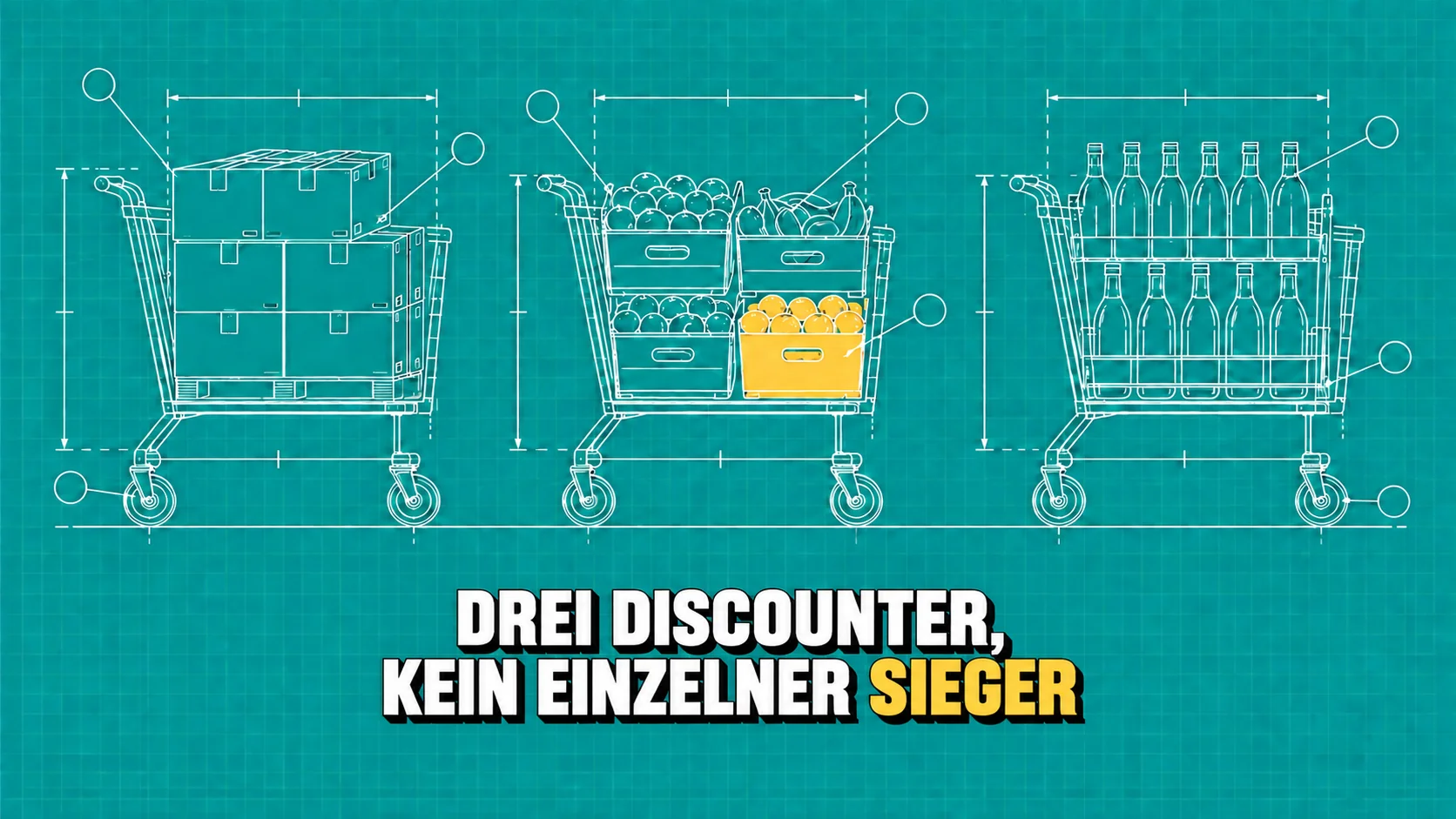 Drei Einkaufswagen mit unterschiedlichem Inhalt in einer türkisen technischen Zeichnung.