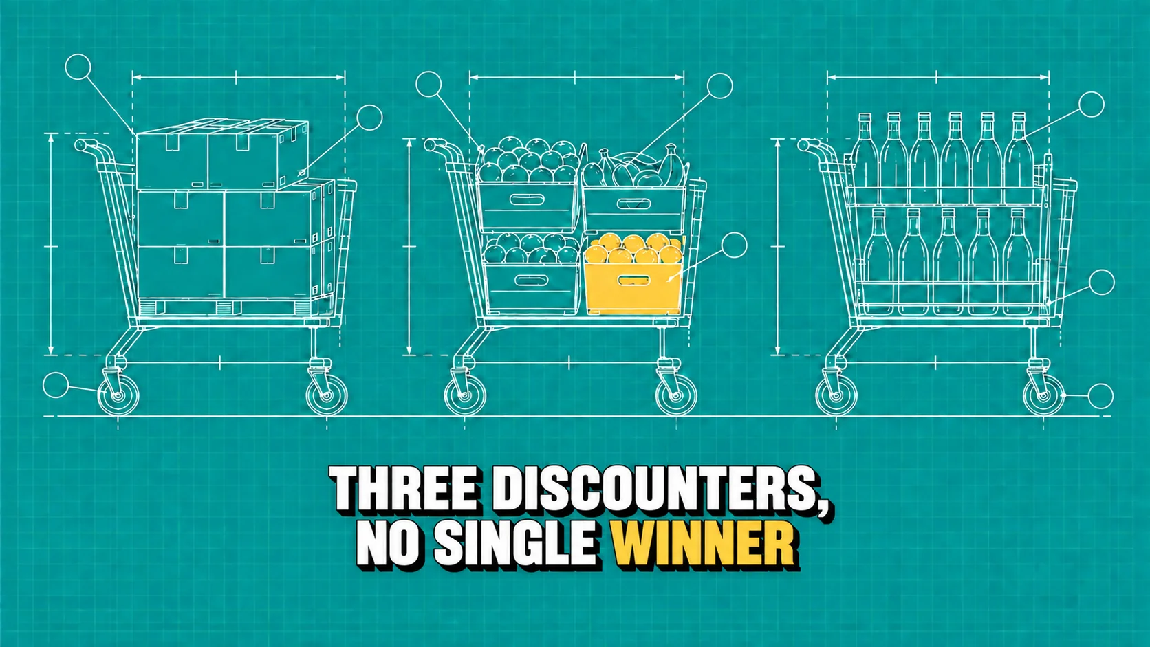 Three differently filled trolleys in a turquoise technical drawing.