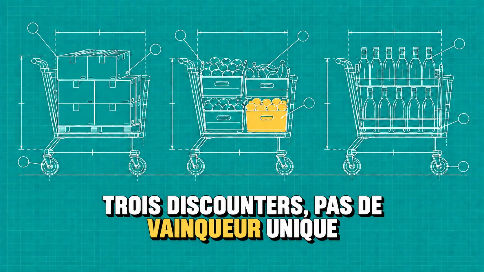Trois chariots aux contenus différents sur un dessin technique turquoise.