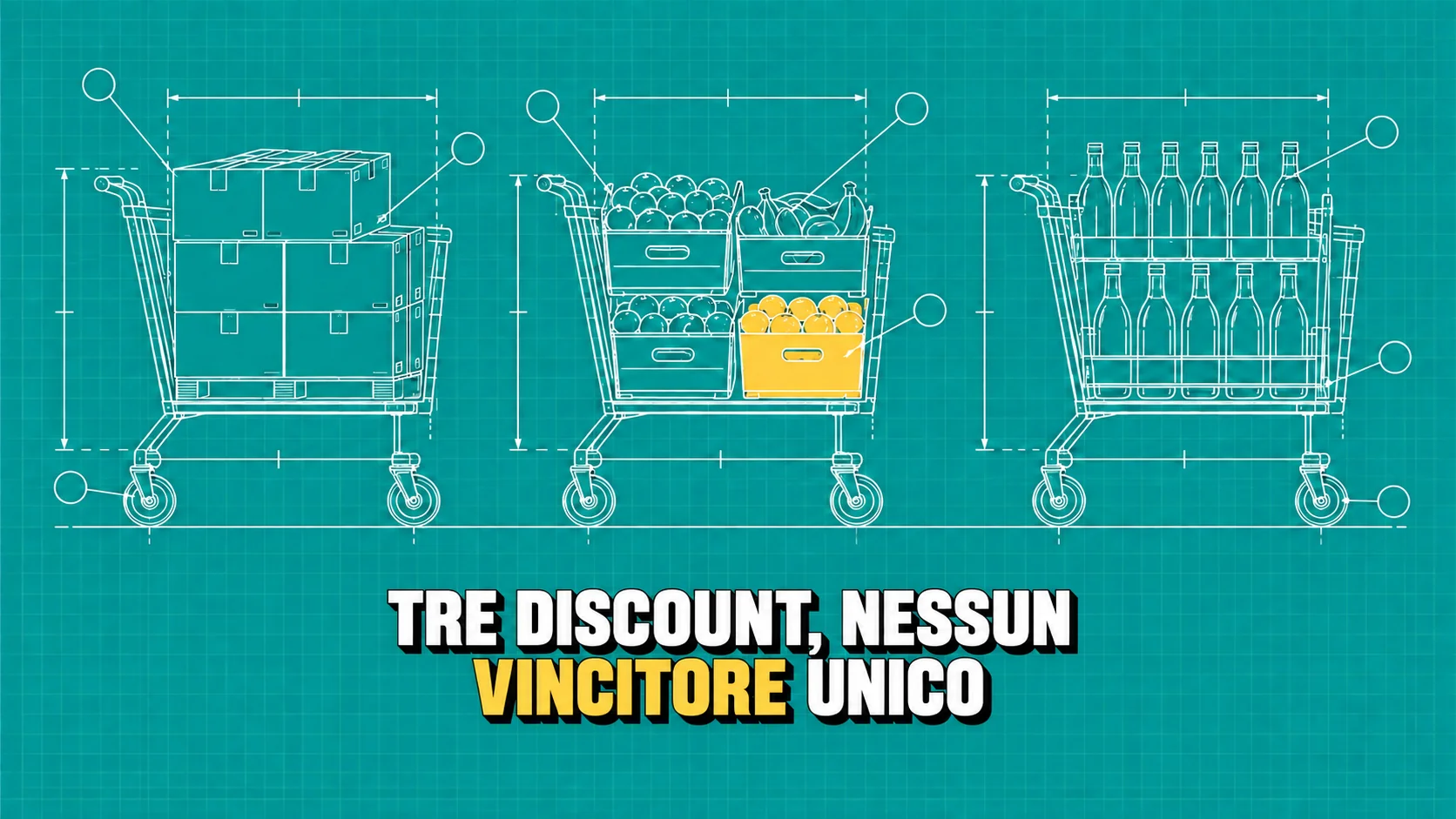 Tre carrelli con carichi diversi in un disegno tecnico turchese.