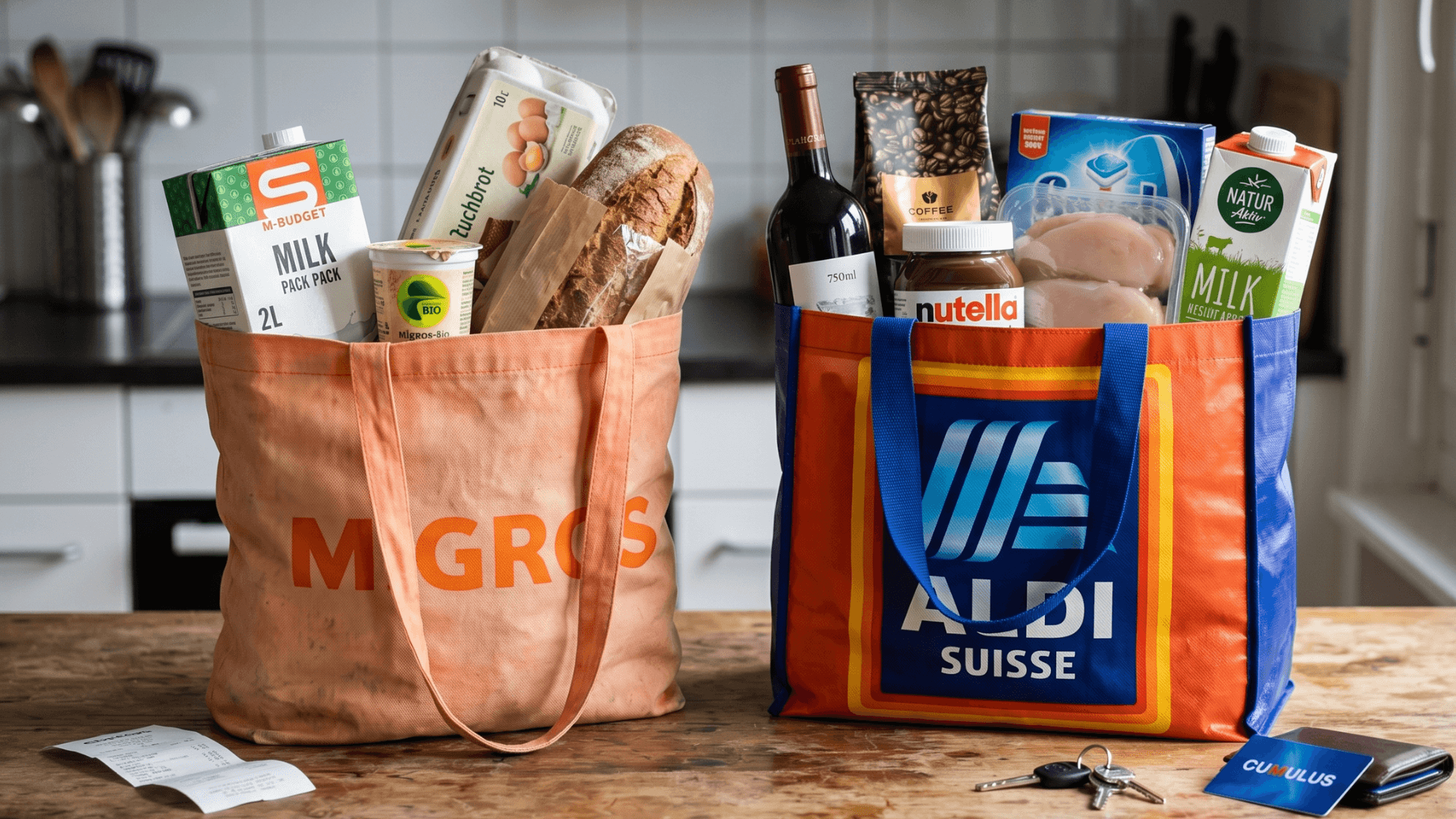 Devantures Aldi Suisse et Migros côte à côte avec paniers et étiquettes de prix CHF