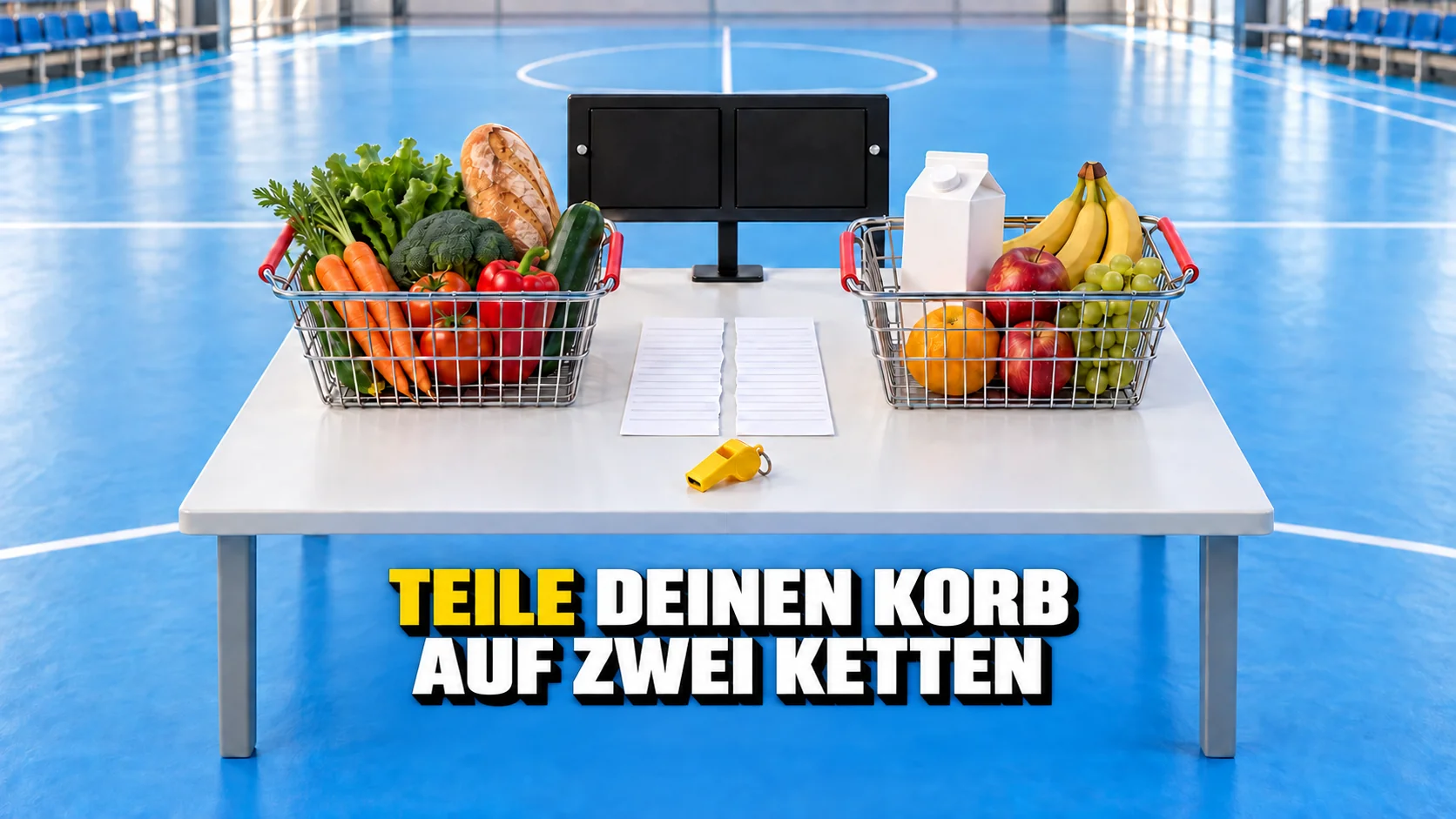 Zwei gleiche Körbe, geteilte Liste und gelbe Pfeife auf einem blauen Spielfeld.