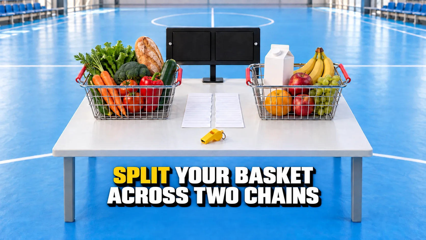 Two matching baskets, a split list and yellow whistle on a blue court.