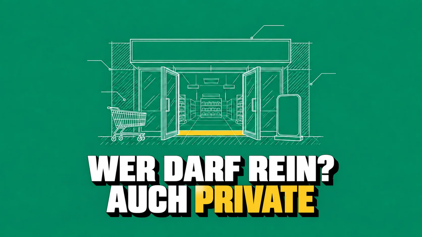 Technische Zeichnung eines offenen Ladens mit Einkaufswagen und leerer Karte.