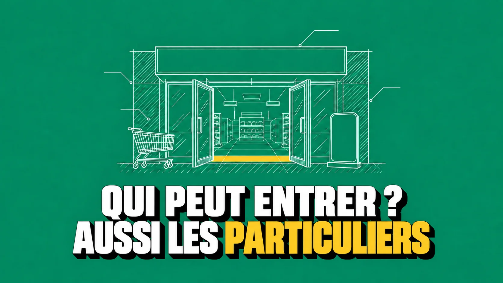 Dessin technique d’un magasin ouvert, chariot et carte vierge.
