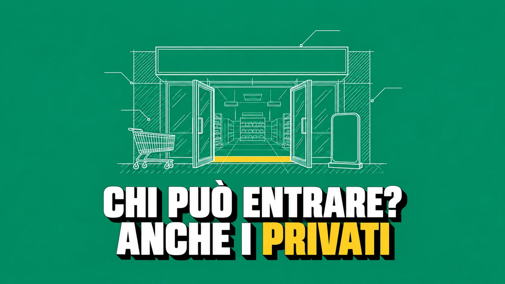 Disegno tecnico di negozio aperto, carrello e tessera vuota.
