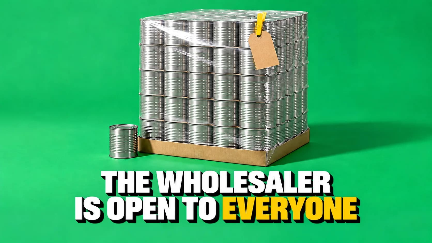 Large shrink-wrapped block of unlabelled tins on green with one loose tin beside it.