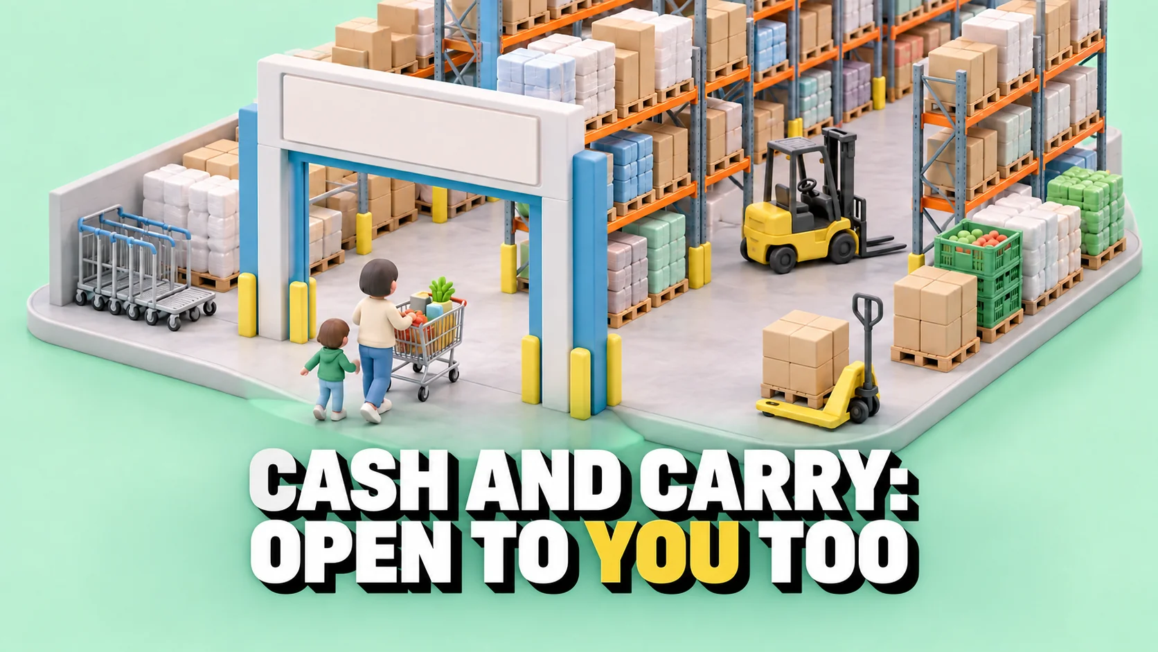 Clay wholesale-market diorama with pallet shelving, a forklift and tiny figures.