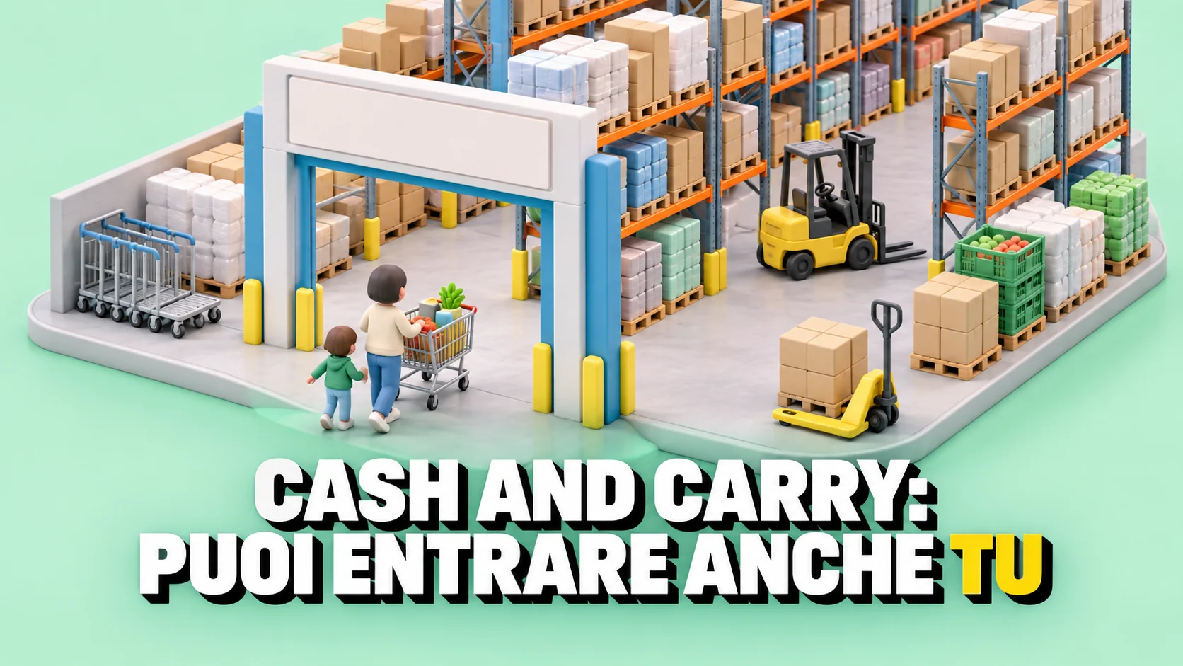 Diorama isometrico in argilla di un mercato all’ingrosso con scaffali di pallet e un carrello della spesa che entra